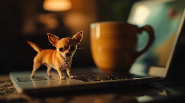 Curious Chihuahua Peeks over Laptop Keyboard Beside Cozy Coffee Cup
