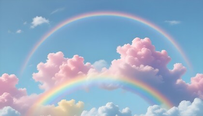 A breathtaking view of a double rainbow stretching across a sky filled with fluffy, pink clouds.