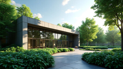Obraz premium A modern building in a green environment, featuring a glass facade and lush greenery. It's surrounded by trees, plants, and a walkway