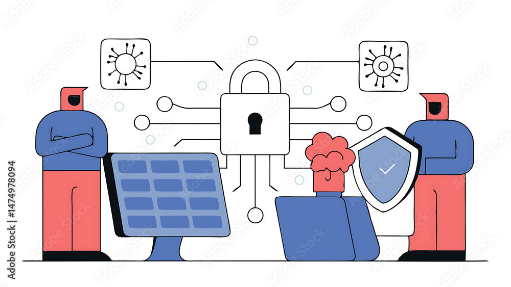 Poster ai cyber security set characters use artificial intelligence technology for data protection cybersec
