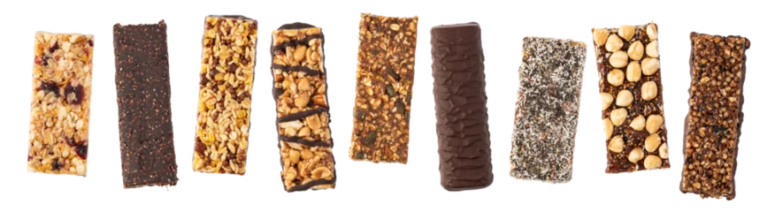 Fotobehang Koffiebonen Variety of protein bars displayed on transparent background  © Gresei