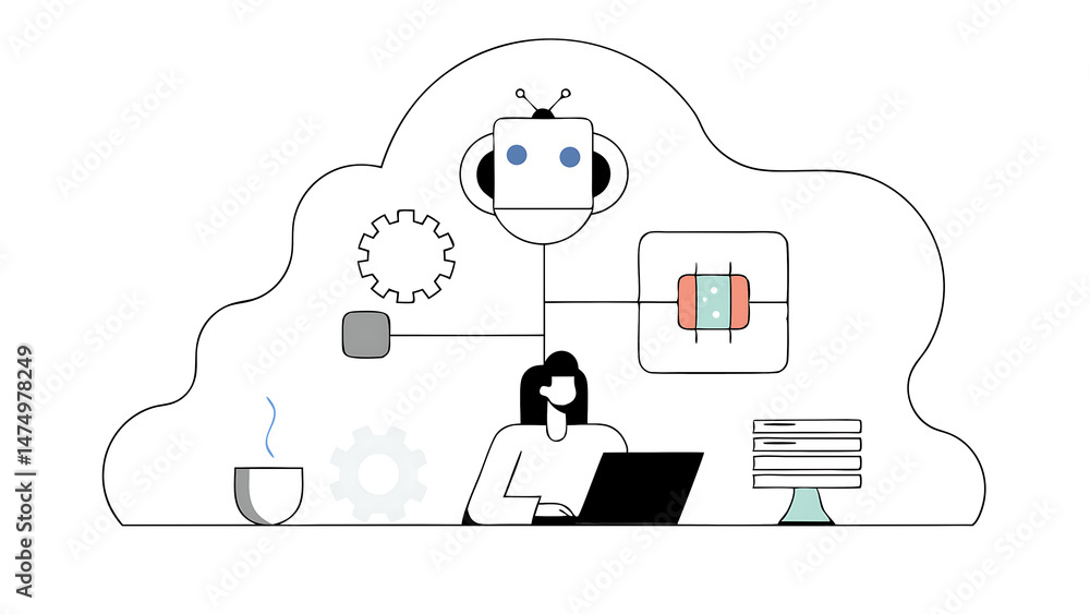 Aufkleber ai technology character working with artificial intelligence chatbot generative tools to increase pr