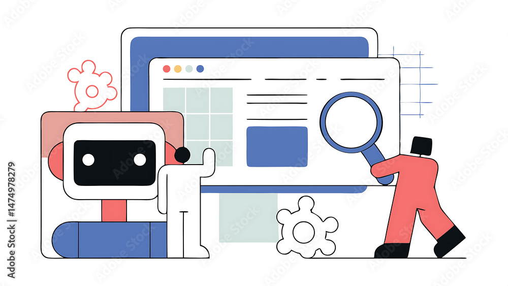 Poster ai search set characters use artificial intelligence assistant for internet surfing online searching