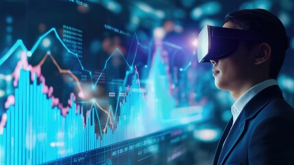 Businessman VR glasses analyzing holographic stock chart. Virtual reality