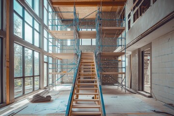 Fototapeta premium Modern home renovation with scaffolding and wooden staircase in progress Generative AI