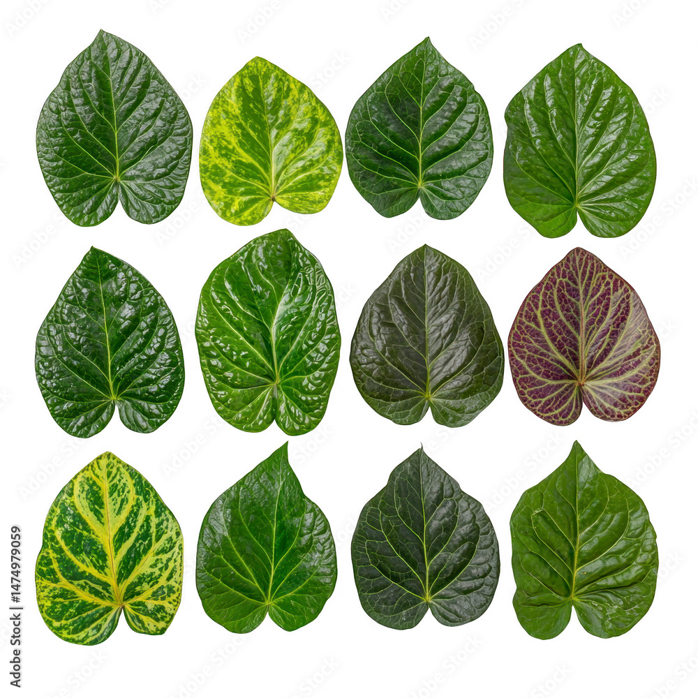 Poster Collection of twelve vibrant green leaves showcases diverse patterns and textures, including variegated and solid designs, arranged in grid on transparency background