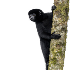 Obraz premium Black monkey clings to moss covered tree trunk, peering curiously. background is isolated, highlighting animal expressive face and textured fur