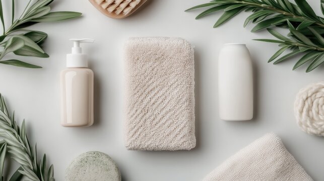 A collection of spa essentials including natural products displayed on a clean surface, promoting relaxation and self-care, perfect for daily rejuvenation and body care.