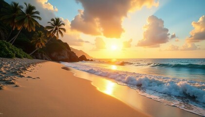 Golden hour sunbeams illuminate a sandy beach, tranquil ocean waves lapping the shore , rest, relaxing