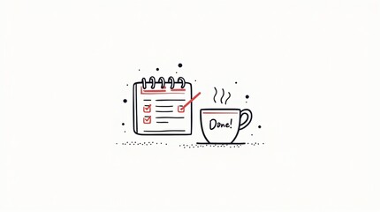 Minimalist doodle of a calendar with checkmarks, coffee cup, and 'Done!' text
