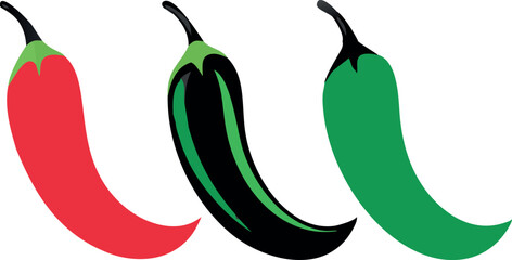 Naklejka premium Three colorful chili peppers in red black and green representing variety and flavors