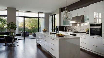 Sleek and contemporary kitchen features glossy white cabinets with chrome hardware, contrasting dark countertops.