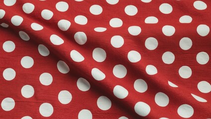 Red fabric with white polka dots. Ideal for backgrounds, DIY crafts, fashion projects, and festive designs requiring a fun, playful pattern.