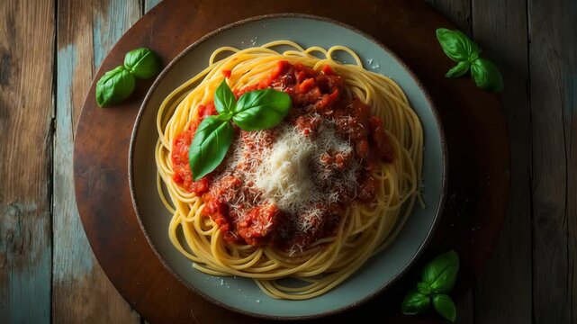 Low-angle view of a heaped plate of delicious spaghetti pasta topped with fresh basil leaves and grated cheese on a rustic wooden table.