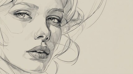 Fototapeta premium Close-up line drawing of a woman's face and flowing hair