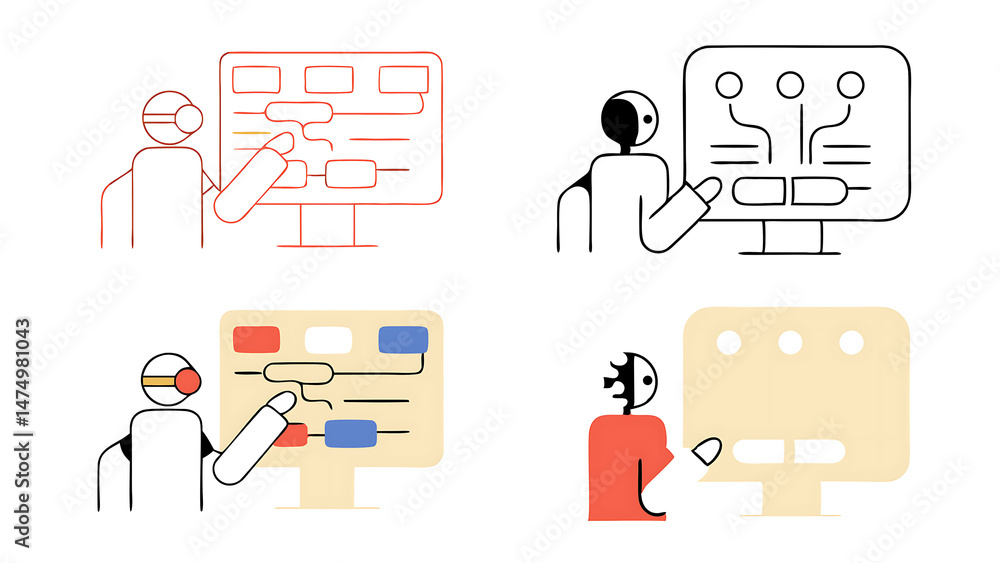 Poster artificial intelligence illustrations set collections of scenes with character communicating to ai c