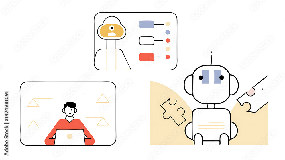 Poster artificial intelligence illustrations set collections of scenes with character communicating to ai c
