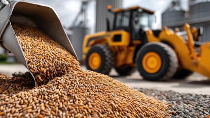 Grains are poured from an industrial crane onto a pile while a bulldozer loads wheat for processing in a bright warehouse