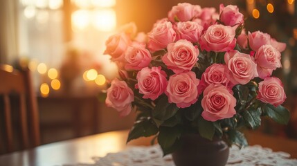 Obraz premium A bouquet of pink roses in a vase on a table, illuminated by warm, sunlit bokeh.