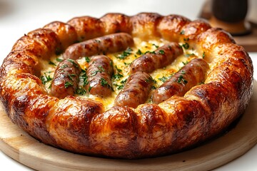 Delicious homemade sausage pie baked on a wooden board ready to serve for dinner
