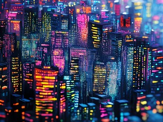 Obraz premium City Skyline at Night: Captivating neon-lit city skyline comes alive against the night sky, a tapestry of dazzling light and urban architecture.