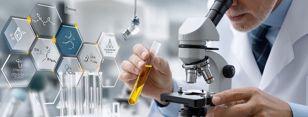 Researcher mixes vials in a laboratory using micro-disposable test tubes while analyzing results through a microscope with digital overlays