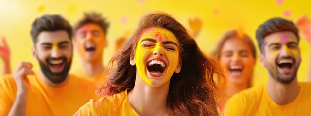 Fototapeta premium Joyful Celebration of Colors with People Smiling in Yellow Theme