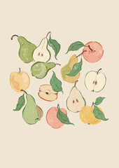 Vector fruit poster of apples and pears. Hand-drawn garden harvest sketch. Tasty food illustration for restaurant and cafe interior, fruit market drawing print, fabric or background.
