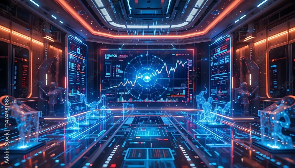 Poster futuristic control room displays data analysis on screens with glowing neon architecture details.