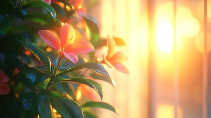 Sunrise illuminates vibrant pink flowers by window.