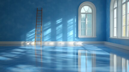 Obraz premium Sunlit empty blue room with ladder and windows.