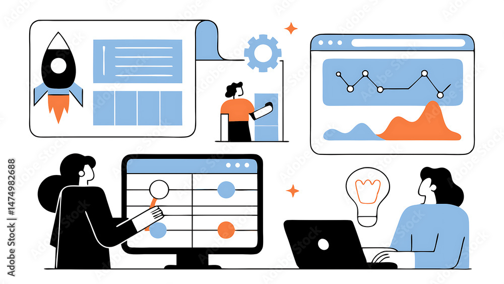 Poster business illustration set characters planning prototyping and testing startup ideas and analyzing ma