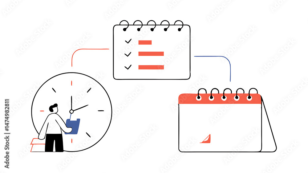 Poster business management illustration set characters planning work tasks managing inbox emails making sch