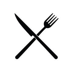 Classic crossed knife and fork restaurant icon in solid black color with a clean white background for graphic design
