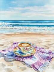 A beautifully crafted coffee cup on a pastel beach towel by the ocean under a clear sky