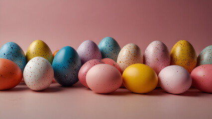 A vibrant top-down Easter display features pastel eggs in turquoise, pink and yellow nestled in delicate straw nests on a soft lavender background for festive celebration ai.

