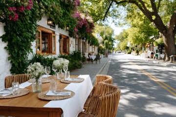 Elegant outdoor dining setup on a sunny street lined with blooming flowers and quaint buildings in the afternoon