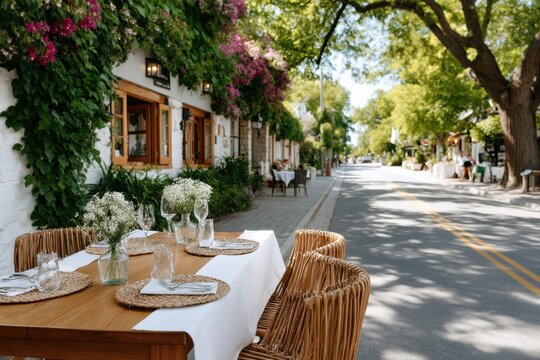 Elegant outdoor dining setup on a sunny street lined with blooming flowers and quaint buildings in the afternoon