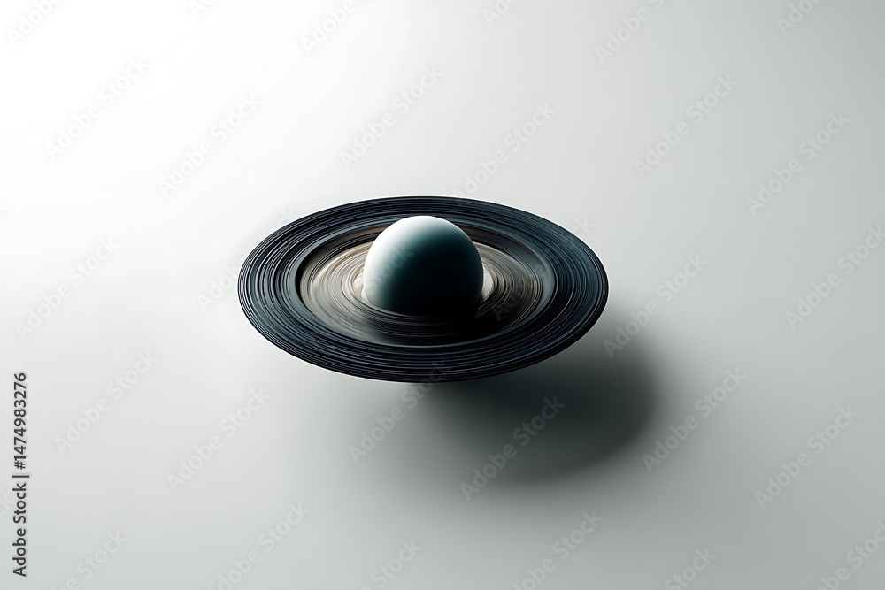 Wall mural a teal and black planet with rings set against a stark white backdrop, evoking a sense of cosmic won