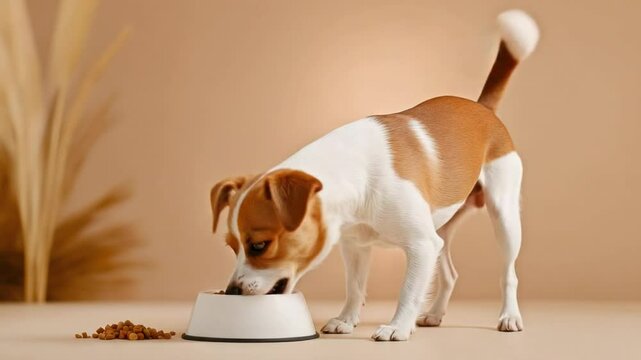 Happy playful dog sitting beside a food bowl with dry kibble on a neutral background bringing joy and companionship to pet lovers 4k video footage