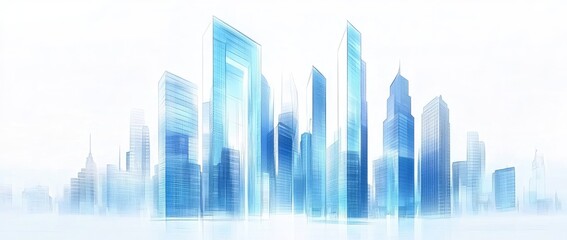 Obraz premium Modern cityscape, light-blue skyscrapers, abstract architectural design. The city stretches out in the distance with many tall buildings. They are a light-blue color, giving an ethereal feel