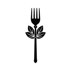 Elegant black and white vector illustration of a fork with leaves representing organic food and healthy eating