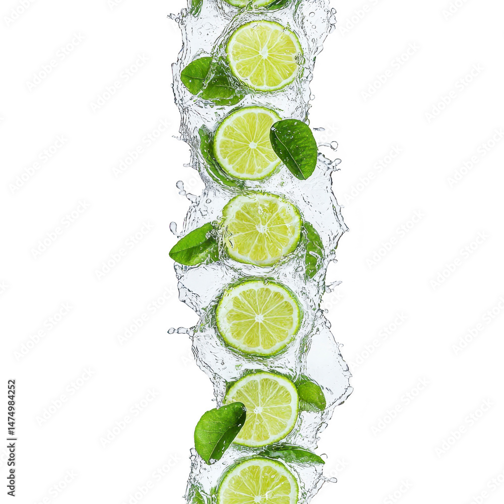Poster slices of fresh lime and mint leaves are splashing through clear water, creating refreshing and vibr