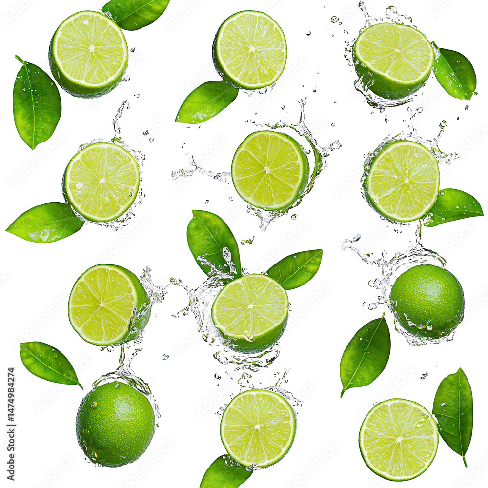 Poster fresh lime slices and whole limes with green leaves are splashed with water, creating refreshing and