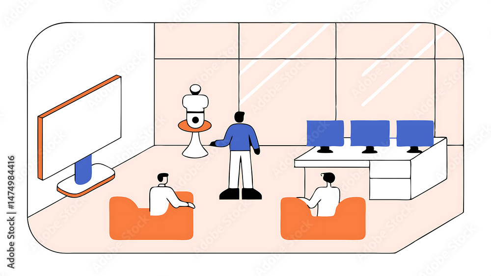 Poster characters working with modern technology in futuristic ai office artificial intelligence in busines