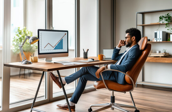 Black businessman sits in chair modern office, analyzing upward stock chart