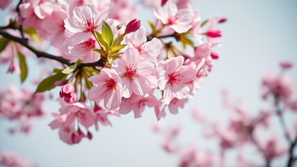 Delicate pink cherry blossoms in full bloom adorn a branch against a softly blurred sky showcasing sptime beauty.