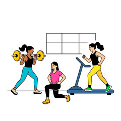 Sportswomen girls training in the gym. Lifting barbells and dumbbells, running on a treadmill, stretching. flat vector linear illustration