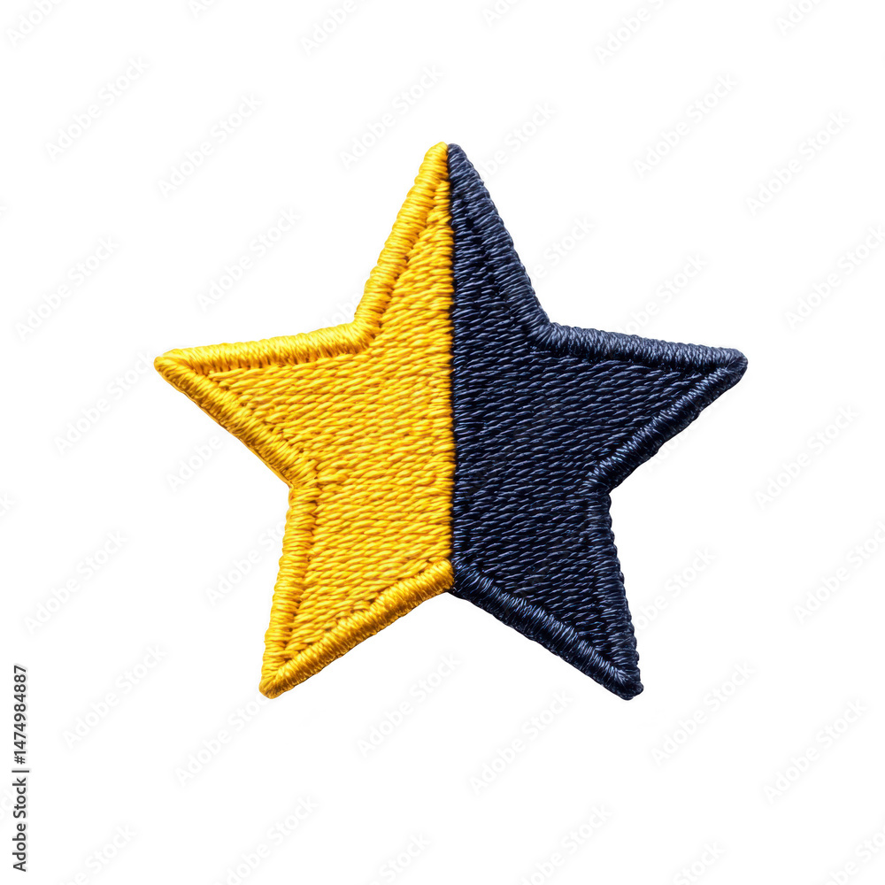 Poster star shaped embroidered patch with split design features one half in vibrant yellow and other in dee