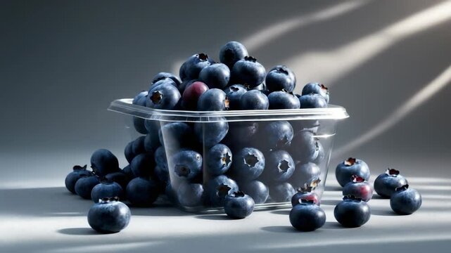 Blueberries in a transparent plastic container against a backdrop, showcasing their deep blue color and slightly rough texture.